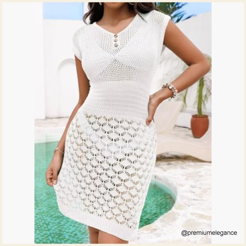 Crochet Mesh Swim Cover Up Fit Flare V-Neck Short Sleeve Beach Dress - Picture 6 of 6